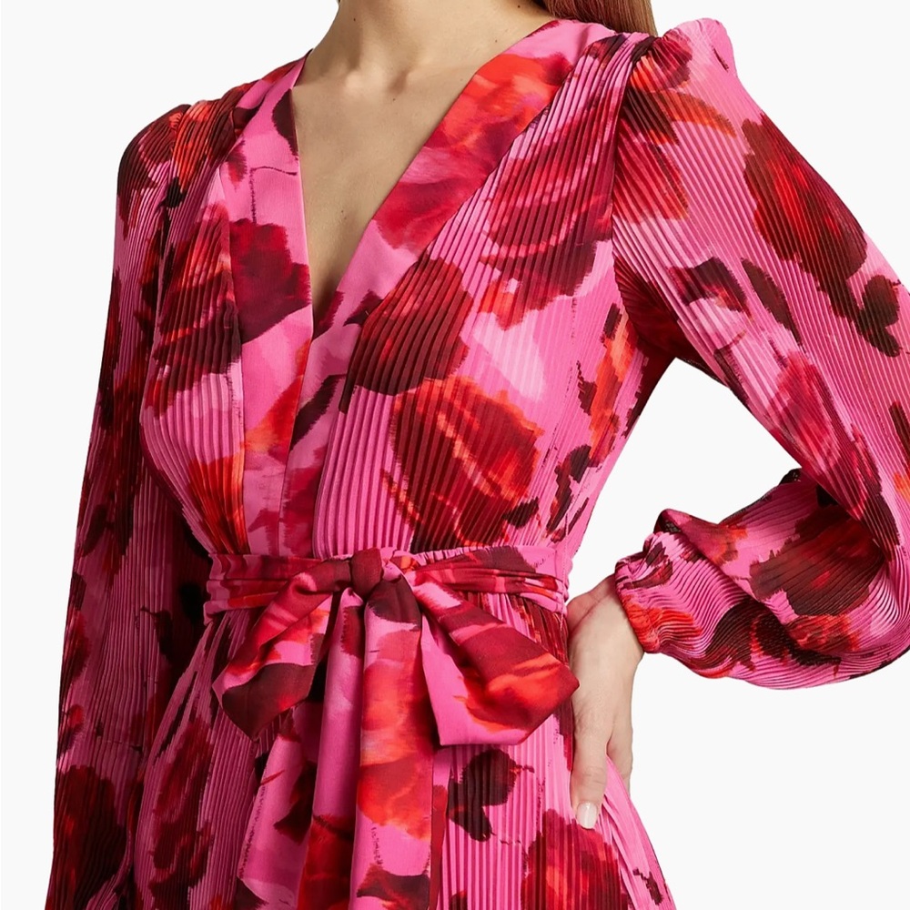 Milly Liv Blurred Red and Pink Wrap Dress with Bishop Sleeves, Size 2